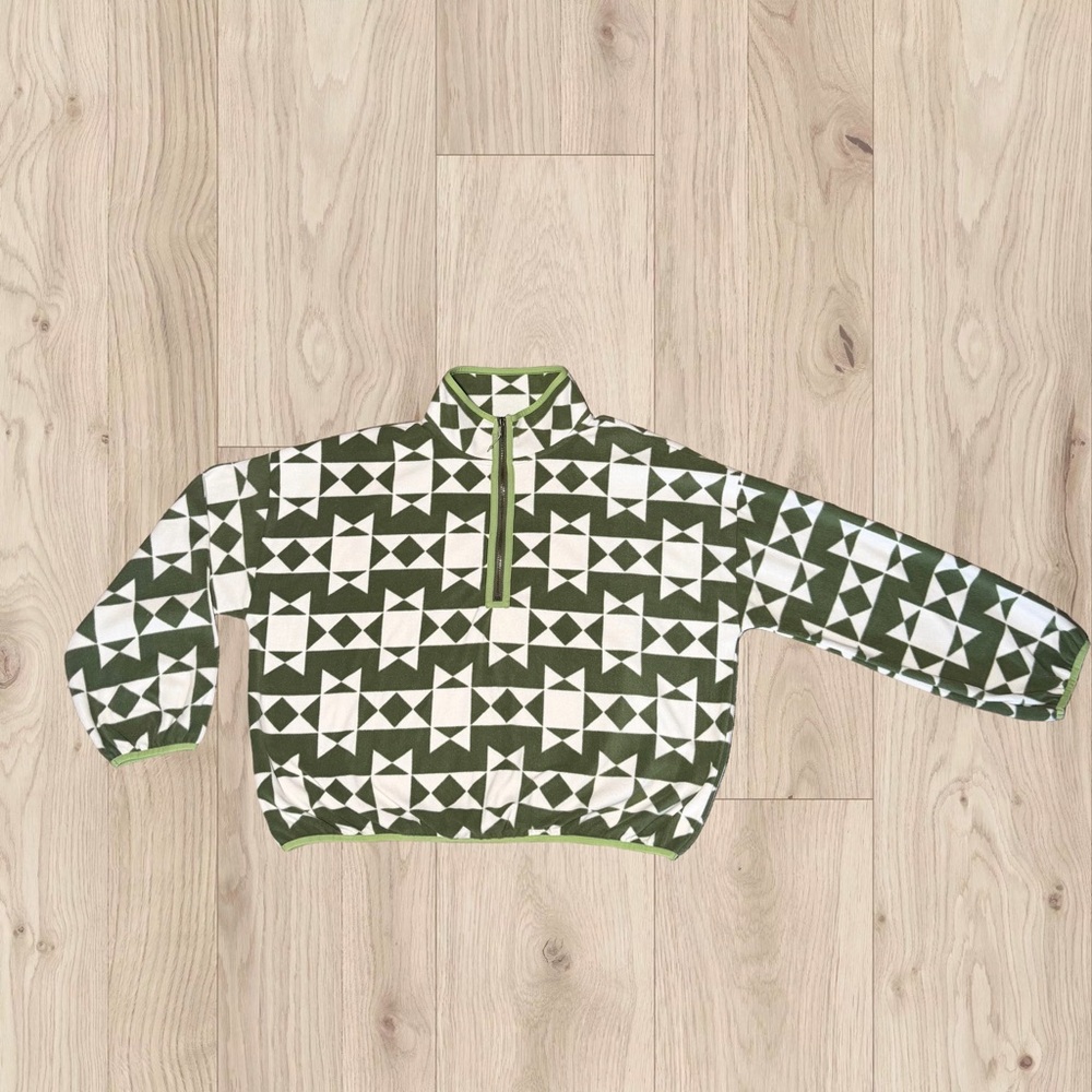 Eddie Bauer X The Great Collab Olive and White Geometric Fleece Size Medium